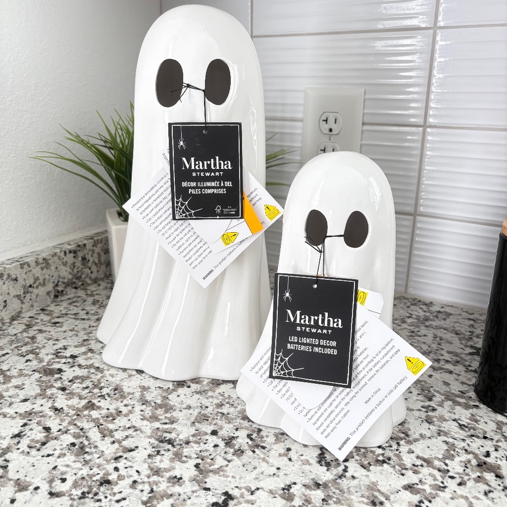 Martha Stewart Halloween Decor LED Light Up White Ceramic Ghost Set (13" & 9")